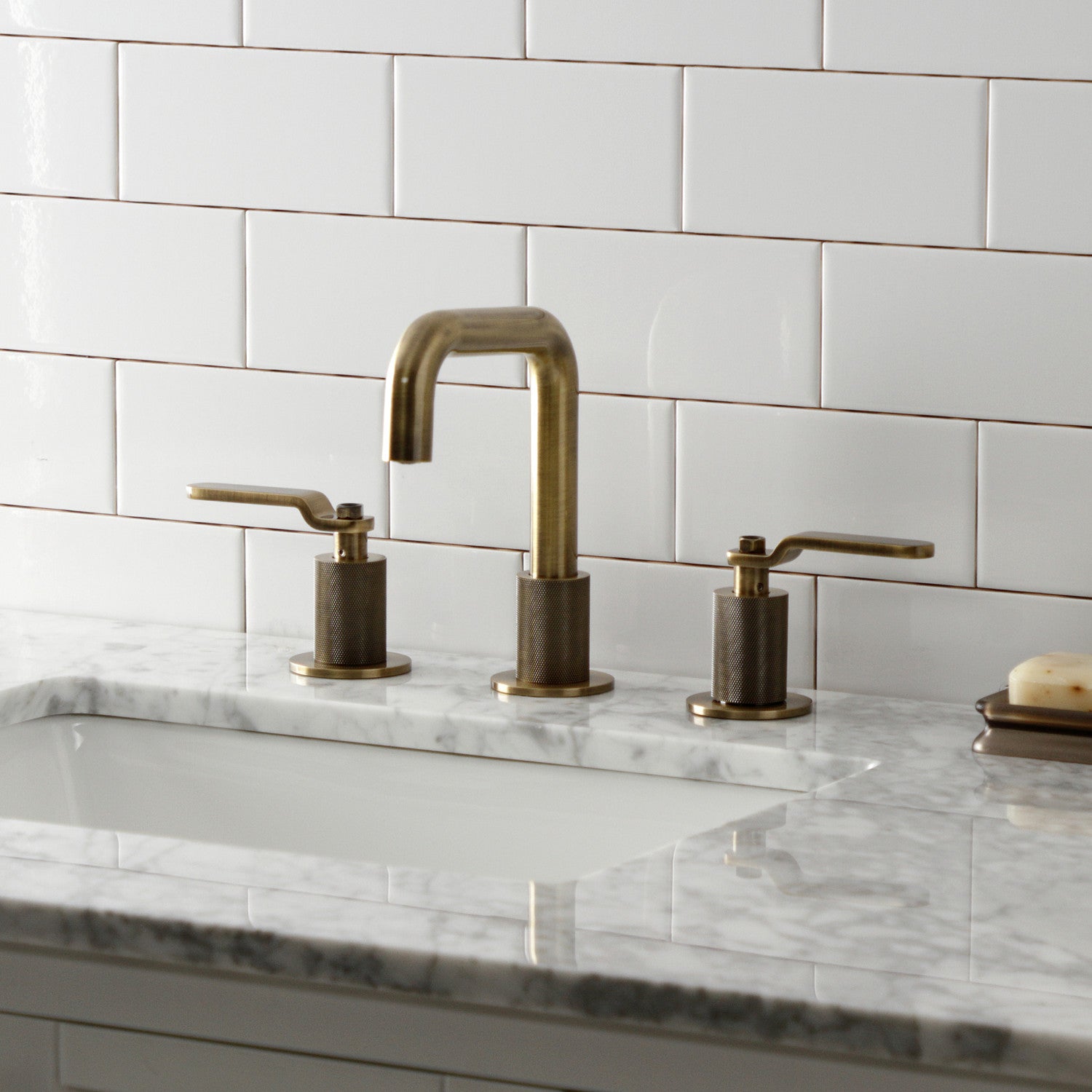 Kingston Sona KS1413KL - Whitaker Two-Handle 3-Hole Deck Mount Widespread Bathroom Faucet with Push Pop-Up Drain, Antique Brass — thumbnail 2